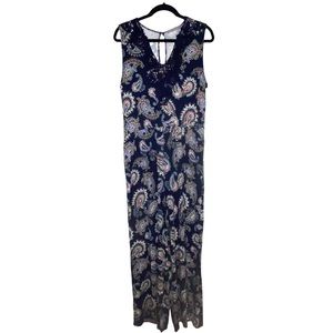 Loveappella navy blue paisley print jumpsuit, sleeveless, stretchy, LG (fits XL)